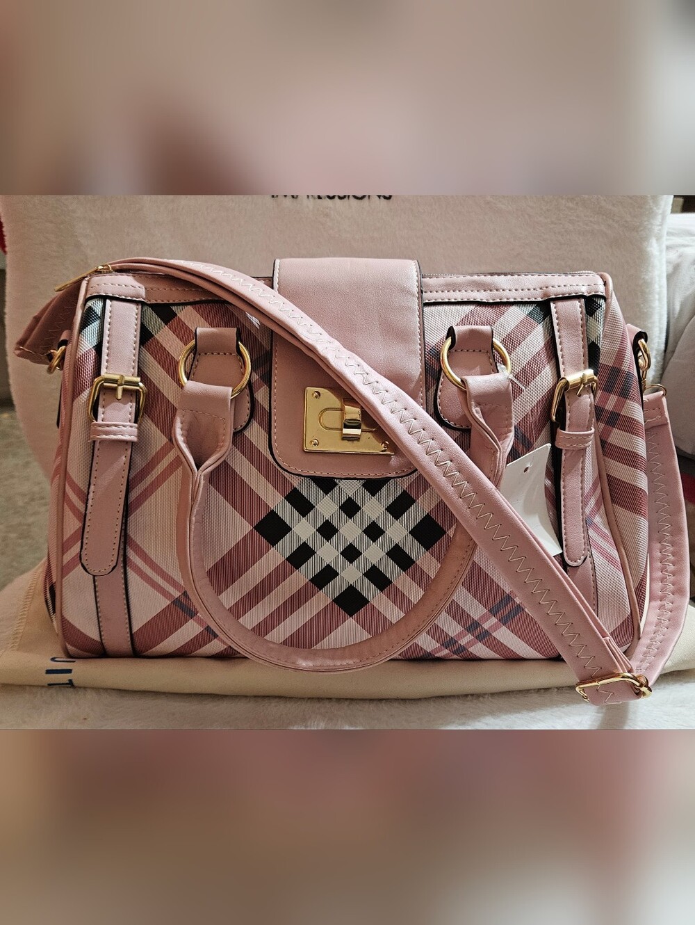 Pink Plaid Satchel Handbag with Gold Hardware - Picture 1 of 4